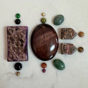 Cabochon Gemstone and Pendant Lot with Jade, Jasper, Carved Scarab and More
